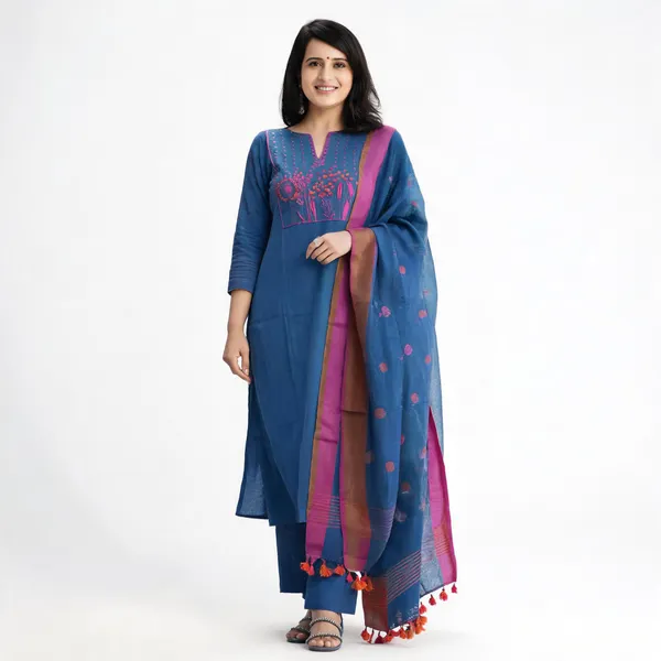 Blue_Handloom_Cotton_Embroidered_Kurti_Pant_With_Dupatta_For_Women