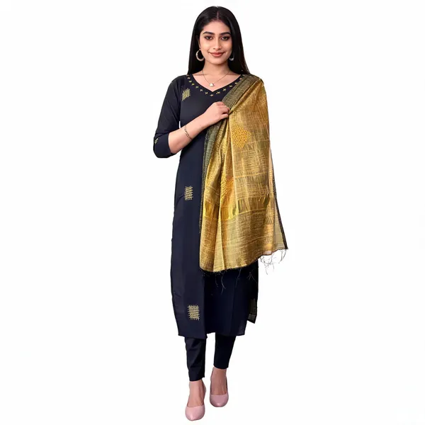 Black_Cotton_Embroidered_Kurti_Pant_With_Dupatta_For_Women