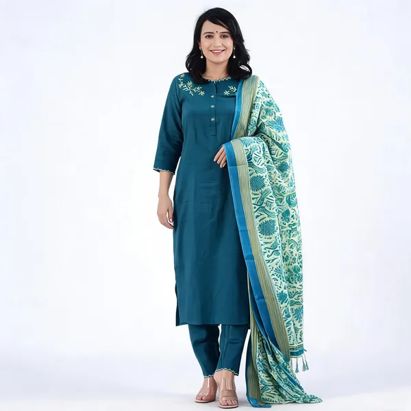 Blue_Khadi_Cotton_Embroidered_Kurti_Pant_Dupatta_Set_For_Women