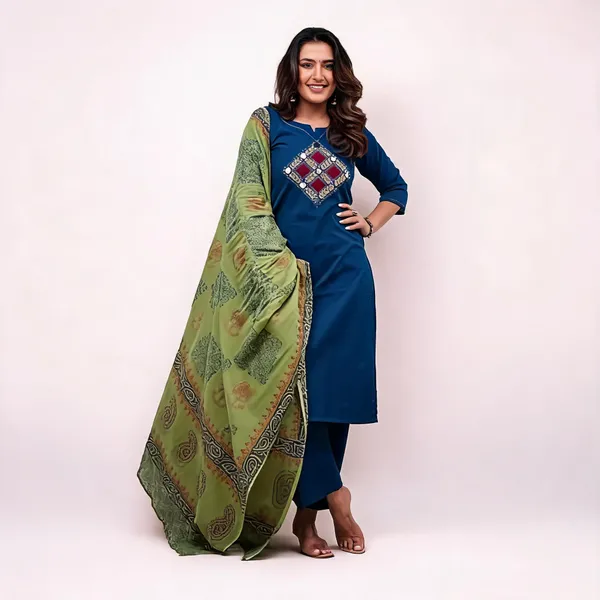 Royal_Blue_Cotton_Kurti_Pant_With_Dupatta_Set_For_Women