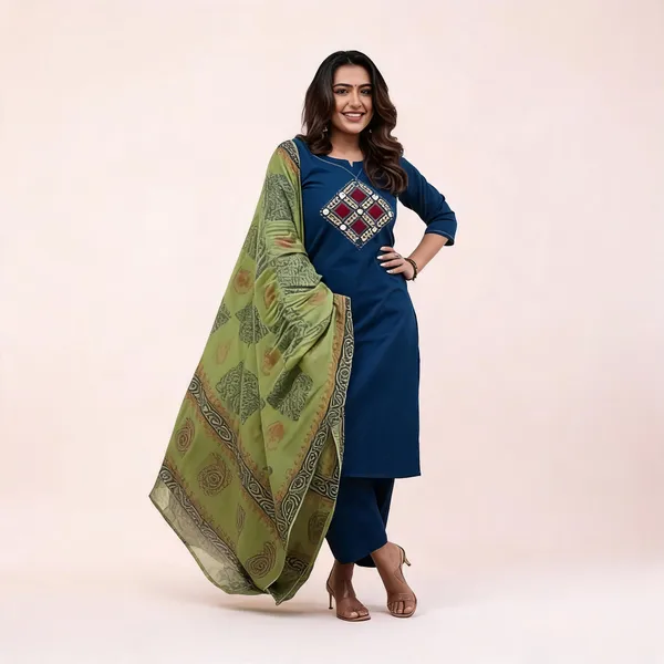 Royal_Blue_Cotton_Kurti_Pant_With_Dupatta_Set_For_Women