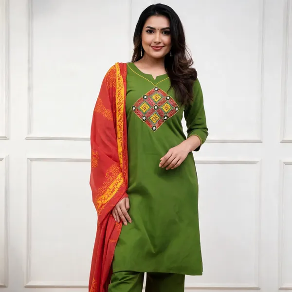 Green_Maroon_Cotton_Straight_Kurti_Pant_Dupatta_Set_For_Women