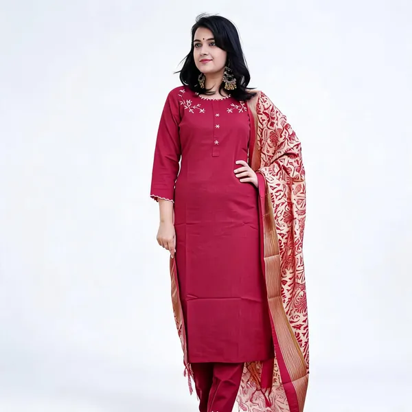 Maroon_Khadi_Cotton_Embroidered_Kurti_Set_For_Women