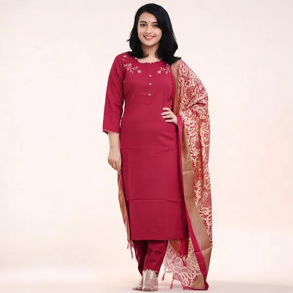 Maroon_Khadi_Cotton_Embroidered_Kurti_Set_For_Women