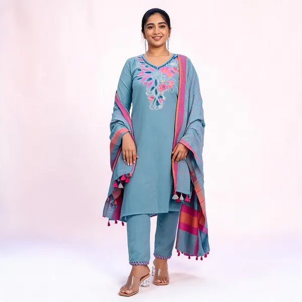 Blue_Khadi_Cotton_Cross_Stitch_Embroidered_Kurti_Set_For_Women