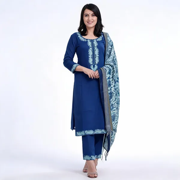 Blue_Handloom_Cotton_Embroidered_Kurti_Pant_With_Dupatta_For_Women