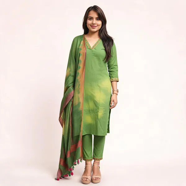 Green_Khadi_Cotton_Cross_Stitch_Embroidered_Kurti_Pant_Dupatta_Set_For_Women