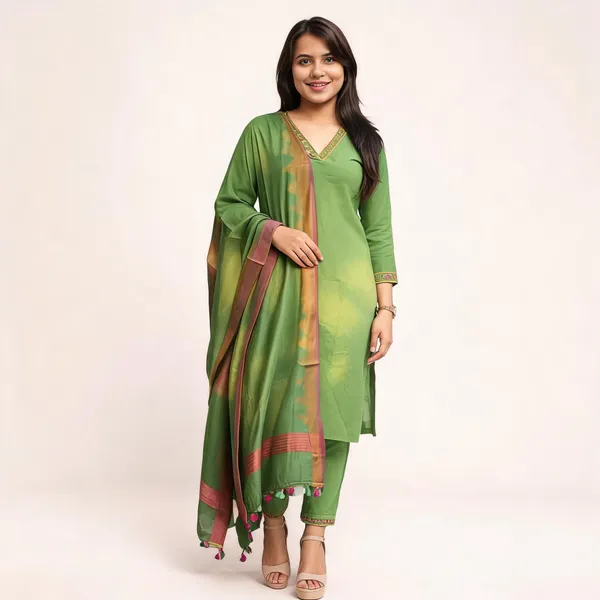 Green_Khadi_Cotton_Cross_Stitch_Embroidered_Kurti_Pant_Dupatta_Set_For_Women