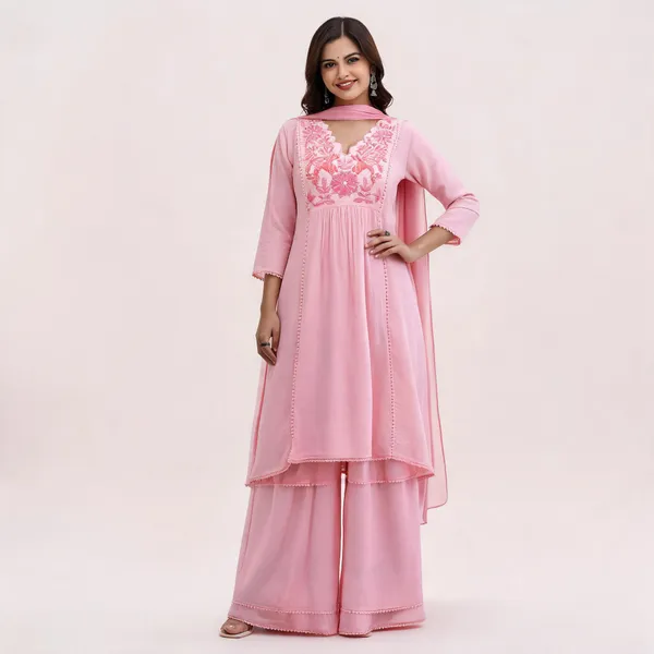 Pink_Cotton_Floral_Yoke_A-Line_Kurta_Pant_Dupatta_Set_For_Women