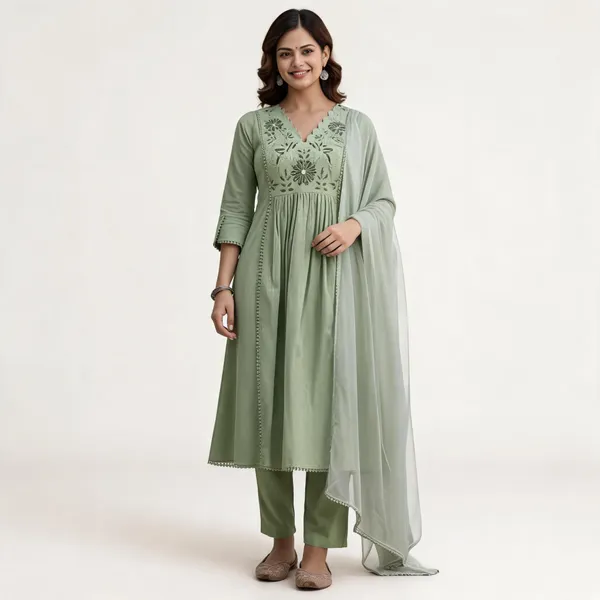 Green_Cotton_Floral_Yoke_A-Line_Kurta_Pant_Dupatta_Set_For_Women