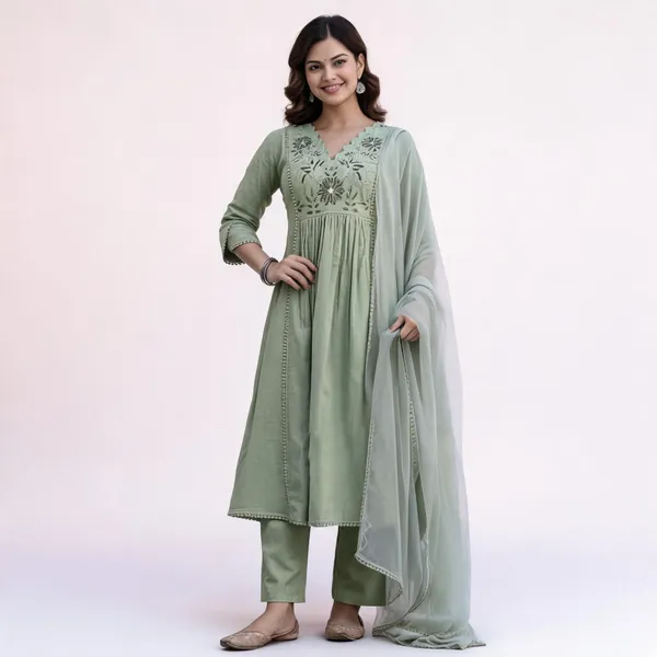 Green_Cotton_Floral_Yoke_A-Line_Kurta_Pant_Dupatta_Set_For_Women