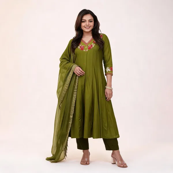 Green_Cotton_Anarkali_Kurti_Pant_With_Dupatta_Set_For_Women