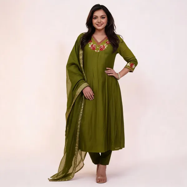Green_Cotton_Anarkali_Kurti_Pant_With_Dupatta_Set_For_Women