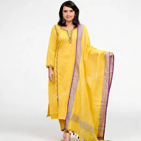 Yellow_Khadi_Cotton_Embroidered_Kurti_Pant_With_Dupatta_For_Women