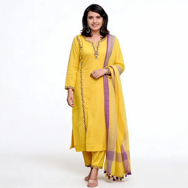 Yellow_Khadi_Cotton_Embroidered_Kurti_Pant_With_Dupatta_For_Women