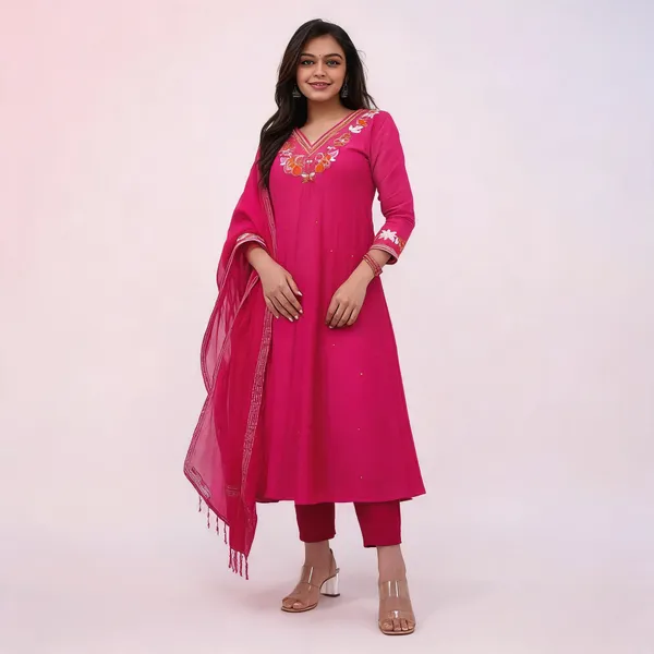 Pink_Mul_Chanderi_Cotton_Anarkali_Kurti_Pant_Dupatta_Set_For_Women