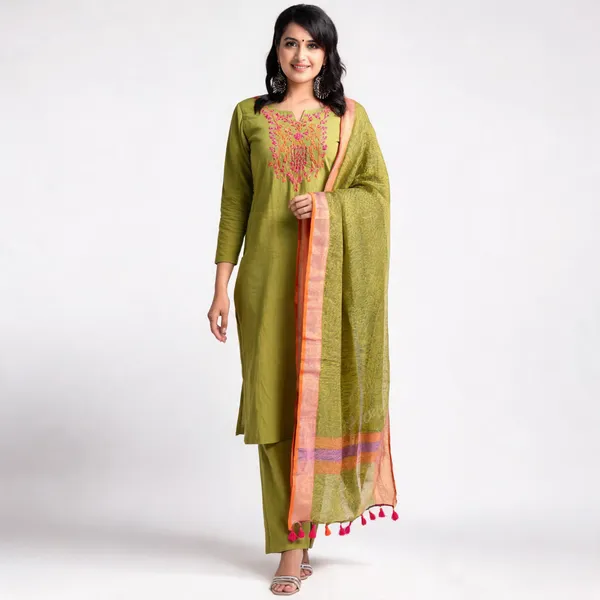 Green_Cotton_Slub_Aari_Embroidery_Kurti_Pant_Dupatta_Set_For_Women