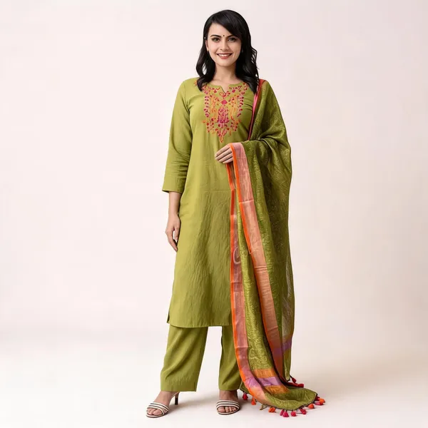 Green_Cotton_Slub_Aari_Embroidery_Kurti_Pant_Dupatta_Set_For_Women