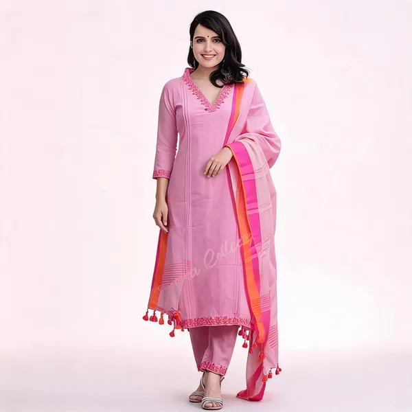 Pink_Handloom_Cotton_Embroidered_Kurti_Pant_Dupatta_Set_For_Women