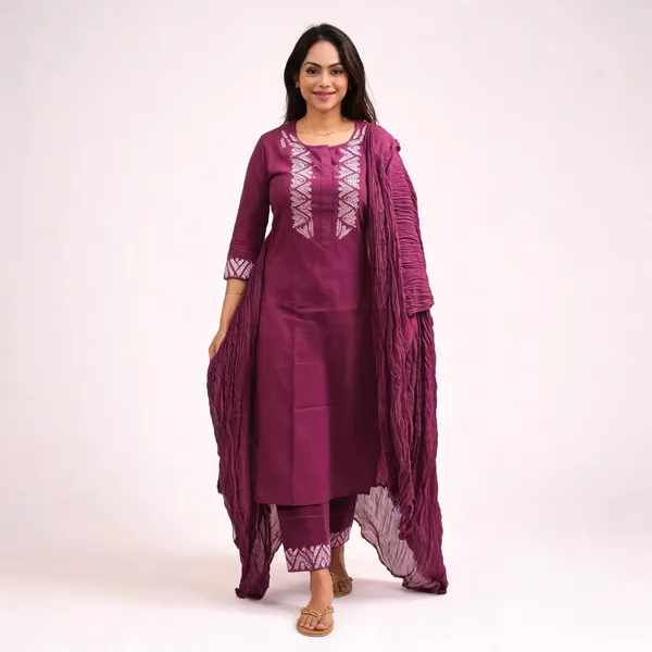 Wine_Khadi_Cotton_Embroidered_Kurti_Pant_With_Dupatta_For_Women