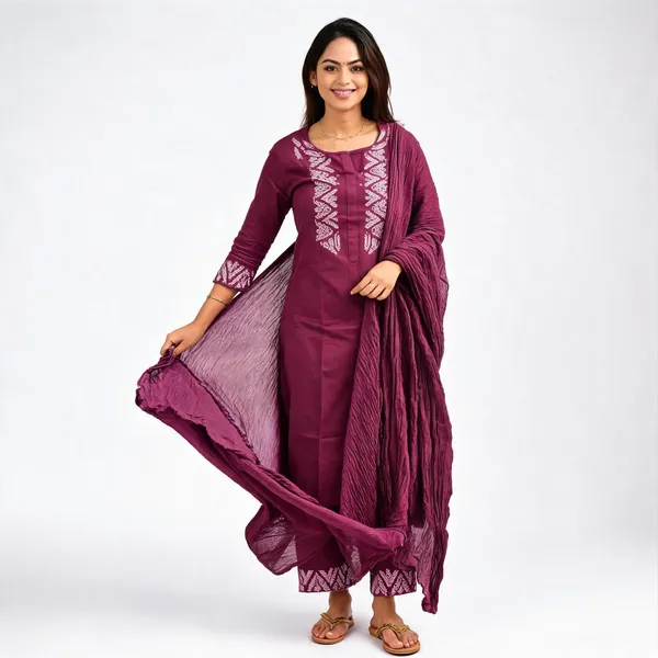 Wine_Khadi_Cotton_Embroidered_Kurti_Pant_With_Dupatta_For_Women