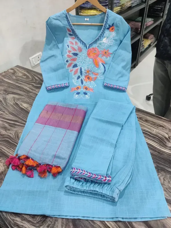 Blue_Khadi_Cotton_Cross_Stitch_Embroidered_Kurti_Set_For_Women