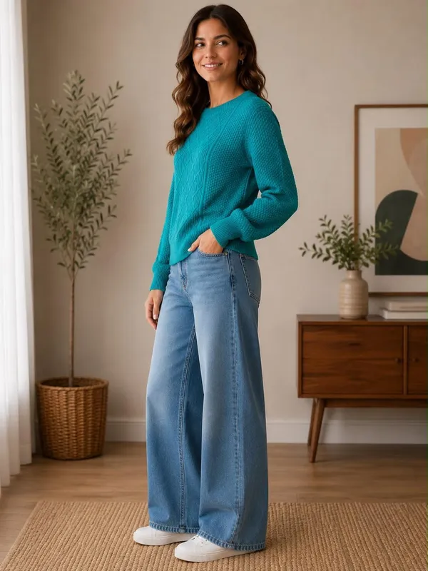 Teal_Wool_Rainbow_Sweater_For_Women
