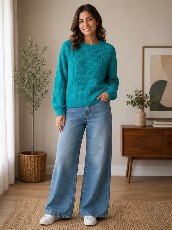 Teal_Wool_Rainbow_Sweater_For_Women