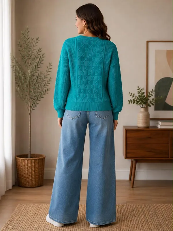 Teal_Wool_Rainbow_Sweater_For_Women