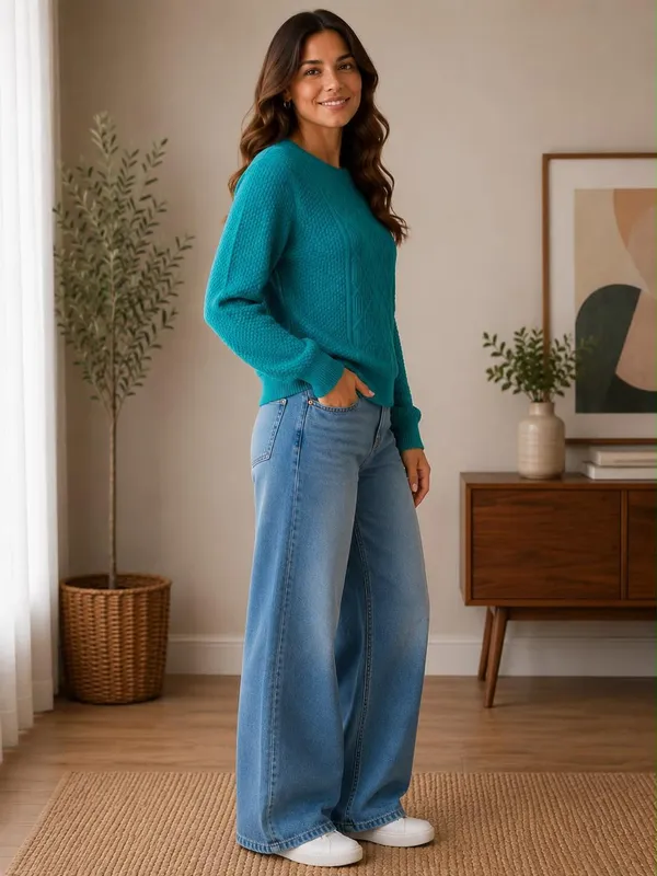 Teal_Wool_Rainbow_Sweater_For_Women