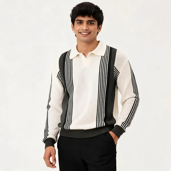 Cream_Wool_Striped_Regular_Fit_Polo_Sweater_For_Men