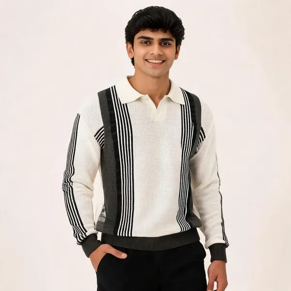 Cream_Wool_Striped_Regular_Fit_Polo_Sweater_For_Men
