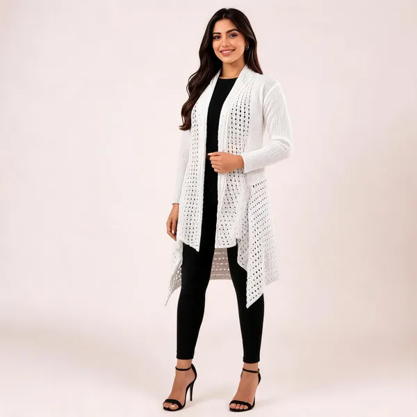 White_Wool_Longline_Open_Front_Cardigan_For_Women