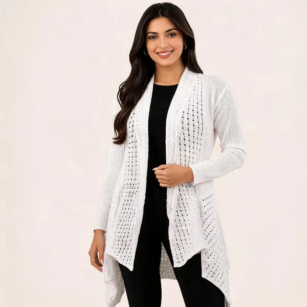 White_Wool_Longline_Open_Front_Cardigan_For_Women