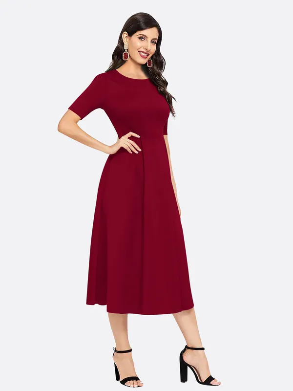London_Belly_Women_Fit_And_Flare_Maroon_Midi_Calf_Length_Dress