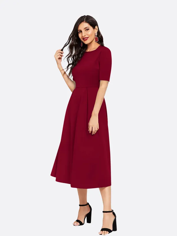 London_Belly_Women_Fit_And_Flare_Maroon_Midi_Calf_Length_Dress