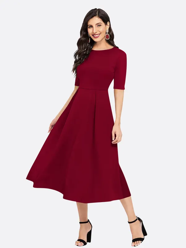 London_Belly_Women_Fit_And_Flare_Maroon_Midi_Calf_Length_Dress