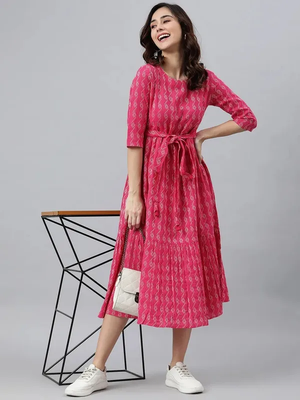 Bhavesh_Women_A_Line_Pink_White_Midi_Calf_Length_Dress