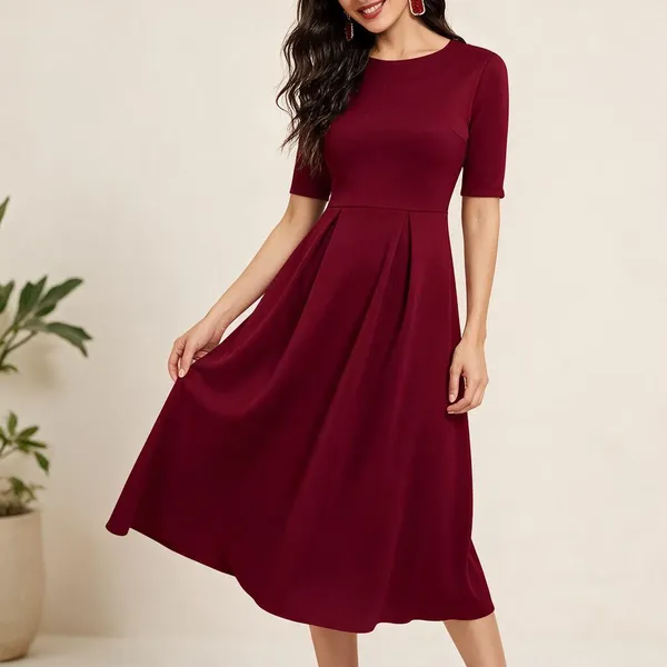 London_Belly_Women_Fit_And_Flare_Maroon_Midi_Calf_Length_Dress