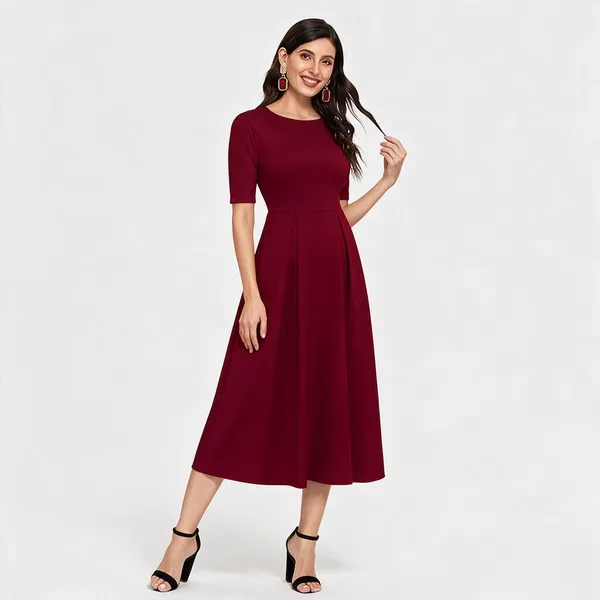London_Belly_Women_Fit_And_Flare_Maroon_Midi_Calf_Length_Dress