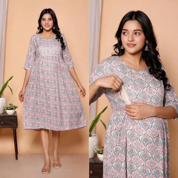 cisnecom_Printed_Cotton_Stitched_Flared_A_Line_Gown_Purple