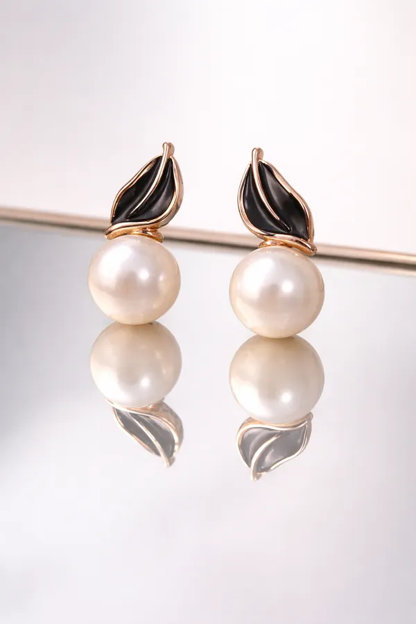 Gold_Stainless_Steel_Black_Enamel_Pearl_Drop_Earrings_For_Women