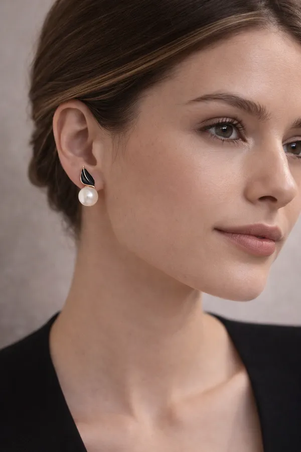 Gold_Stainless_Steel_Black_Enamel_Pearl_Drop_Earrings_For_Women