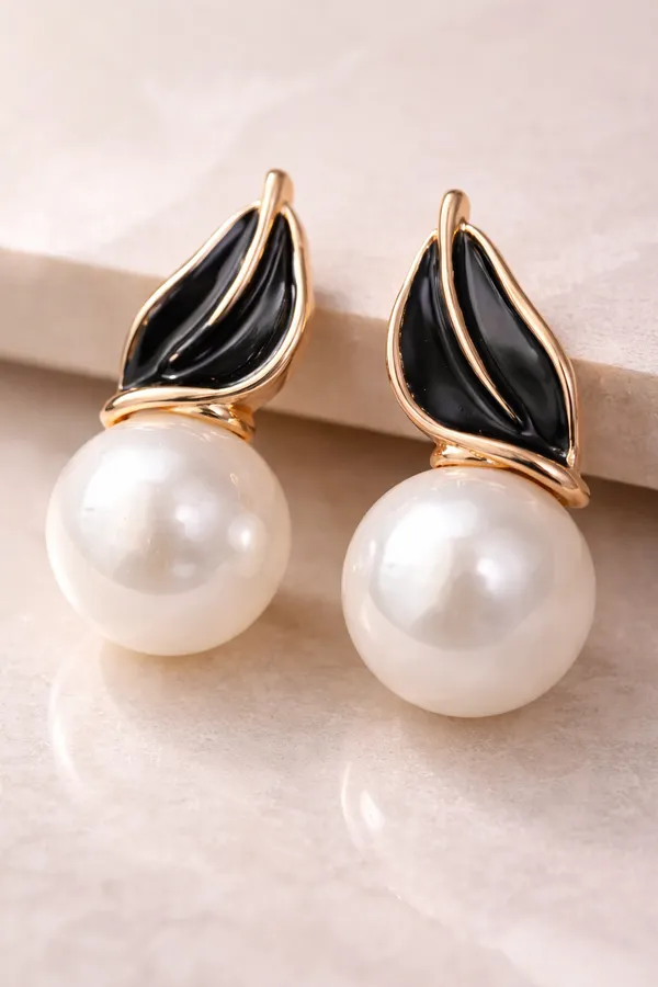 Gold_Stainless_Steel_Black_Enamel_Pearl_Drop_Earrings_For_Women