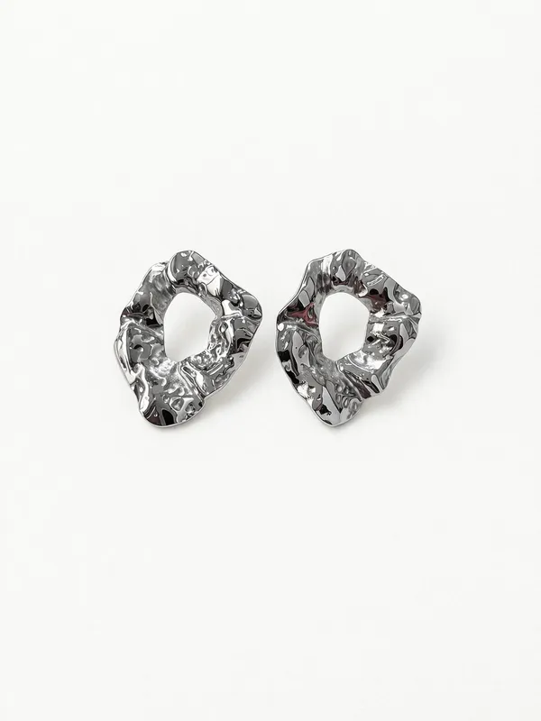 Silver_Stainless_Steel_Abstract_Molten_Texture_Stud_Earrings_For_Women