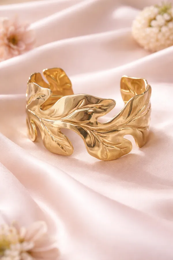 Gold_Stainless_Steel_Organic_Leaf_Sculpted_Statement_Cuff_For_Women