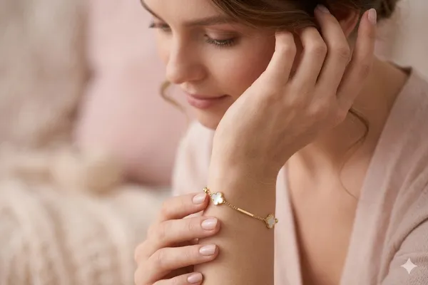 Gold_Stainless_Steel_Ivory_Clover_Charm_Chain_Bracelet_For_Women