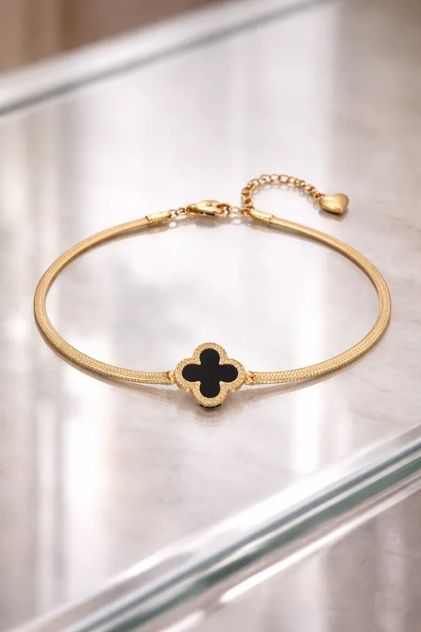 Gold_Stainless_Steel_Black_Clover_Snake_Chain_Bracelet_For_Women