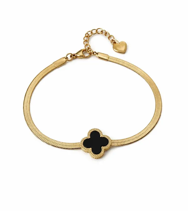 Gold_Stainless_Steel_Black_Clover_Snake_Chain_Bracelet_For_Women