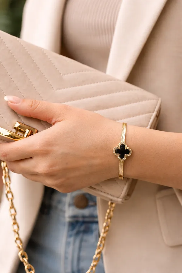 Gold_Stainless_Steel_Black_Clover_Snake_Chain_Bracelet_For_Women
